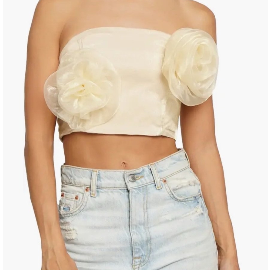 Elegant Cream Strapless Top With Floral Accents